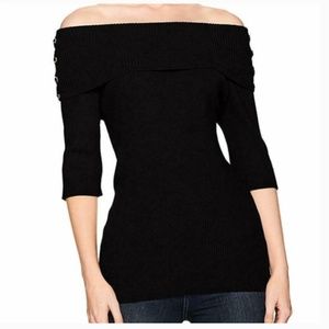 Black Lace-Up Off-The-Shoulder Ribbed Sweater Top